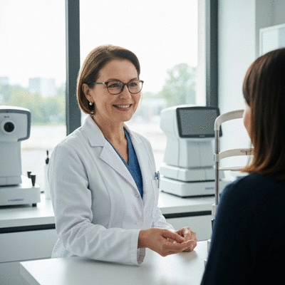 Optometrist explaining eye exam costs to a patient