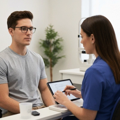 Patient discussing dry eye symptoms with optometrist