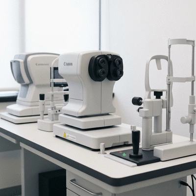 Modern eye exam equipment in an optometrist's office.