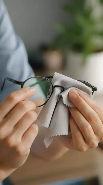 Person cleaning eyeglasses with microfiber cloth