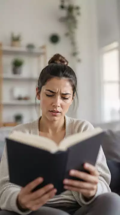 Person experiencing blurry vision while reading a book, indicating a need for new glasses