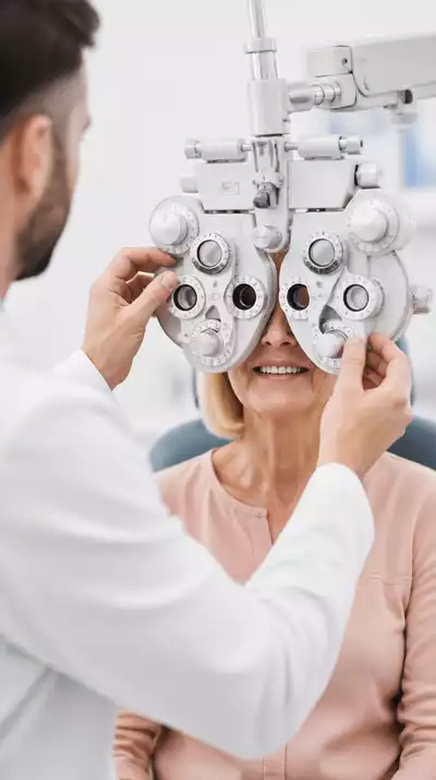 Person looking through phoropter during eye exam