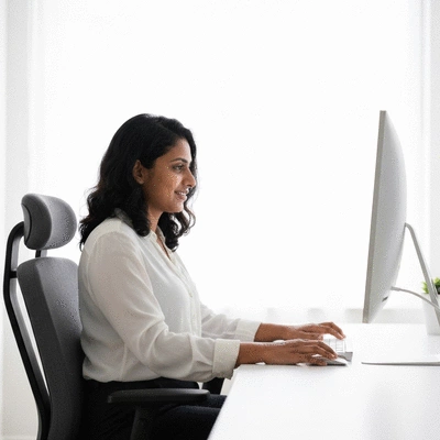 Person using computer with good posture and proper lighting, demonstrating ergonomic setup