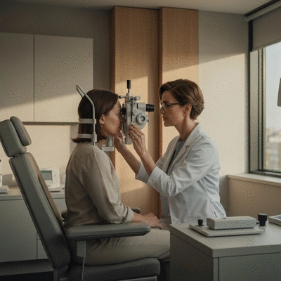 Optometrist conducting an eye exam on a patient using a phoropter