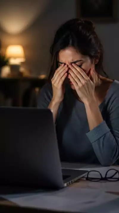 Person experiencing eye strain while using a laptop