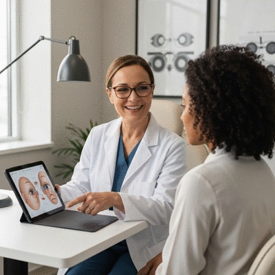 Optometrist discussing eye health with a patient in a modern clinic.