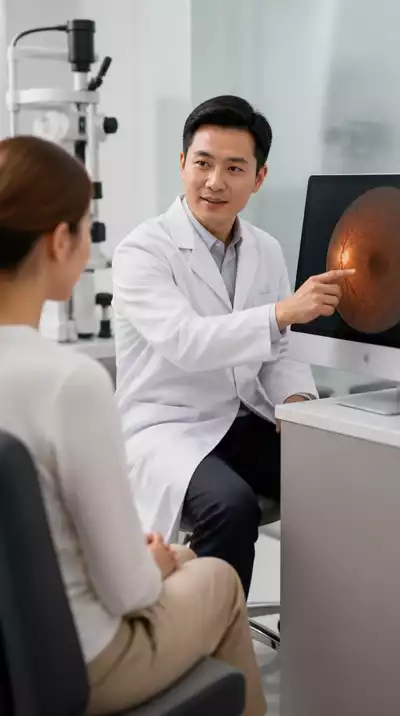 Doctor and patient discussing eye exam results in a modern clinic setting