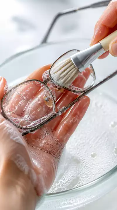 Close-up of eyeglasses being deep cleaned