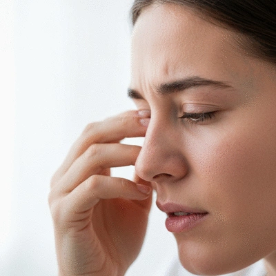 Person experiencing dry eye symptoms, rubbing eyes slightly, with a blurry background