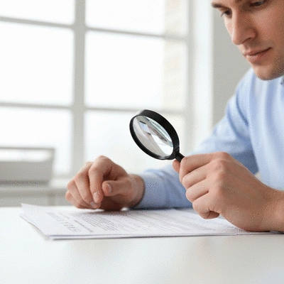 Person reviewing eye exam insurance documents with a magnifying glass