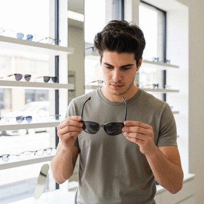 Person choosing stylish frames based on lifestyle