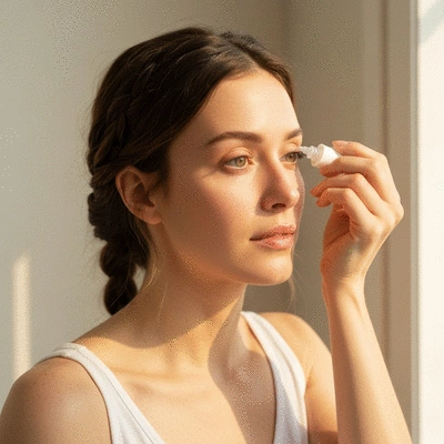 Woman applying eye drops as part of her dry eye routine