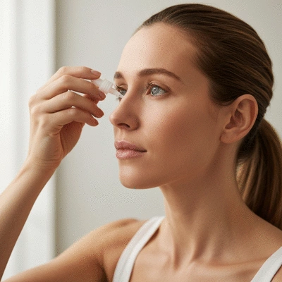 Person applying eye drops, focused on the eye area, with a clean and bright background