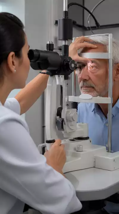 Optometrist performing a dilated eye exam on a patient with diabetes using specialized equipment, in a modern clinic setting