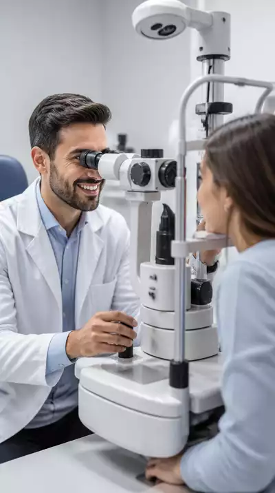 Optometrist performing an eye exam on a patient with modern equipment