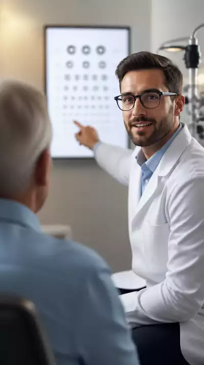 Close-up of an eye doctor explaining an eye chart to a patient during an eye exam