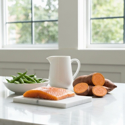 Healthy food items like carrots, spinach, and fish arranged on a wooden table
