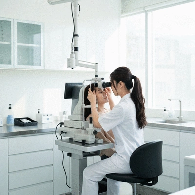 Optometrist examining a patient's eye with specialized equipment