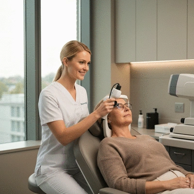 Optometrist performing a diabetic eye exam using specialized equipment on a patient