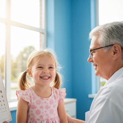 Happy child getting an eye exam, looking at an eye chart