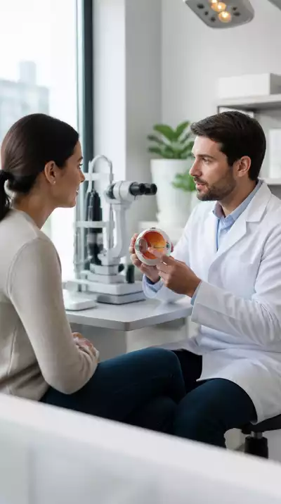Optometrist explaining eye health to a patient during a consultation