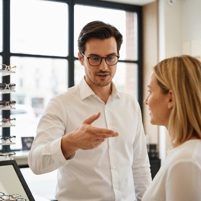 Optometrist assisting a patient with eyewear selection in a clean, modern clinic