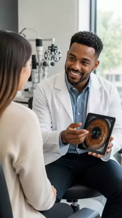 Patient discussing eye health with an optometrist in a modern clinic