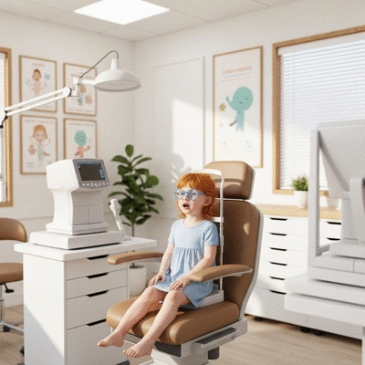 Child getting an eye exam at an optometrist's office