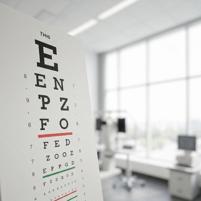 Close-up of an eye chart with a blurred background of an eye clinic