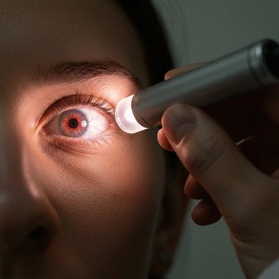 Close-up of a patient's eye with a subtle red glow, symbolizing diabetic retinopathy, during an eye examination