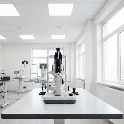 Modern ophthalmic equipment in a clean, professional optometry office