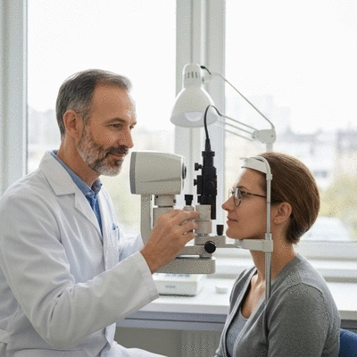 Optometrist performing a diabetic eye exam on a patient, close-up of eye equipment