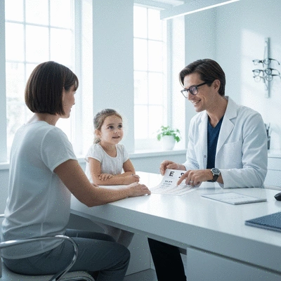 Parent and child discussing eye exam results with an optometrist