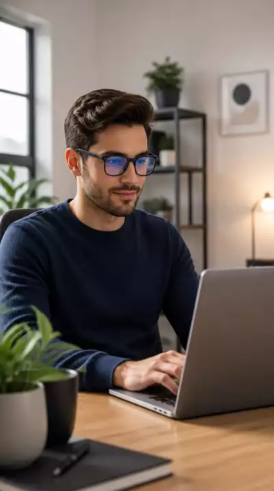 Person wearing blue light glasses while working on a laptop