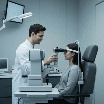 Optometrist examining a patient's eyes with modern equipment