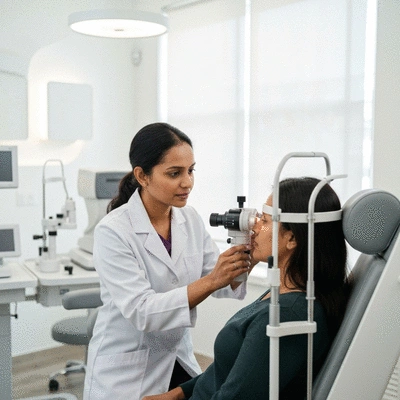Optometrist examining a patient's eye with modern equipment